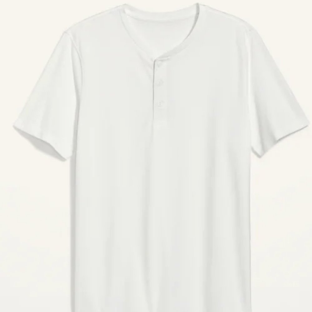 (3) Short-Sleeve White T-Shirt: Rib-knit Crewneck. (3) Button.  XXL.   New